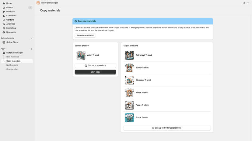 Copy the raw materials from the variants of a product to others
