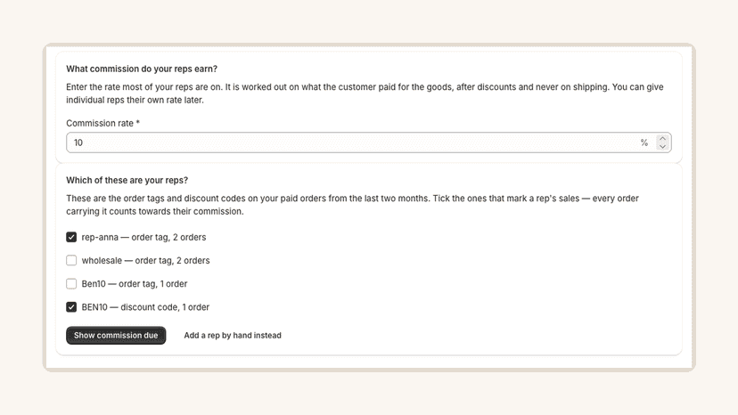 Setup: tick the order tags and codes that are your reps