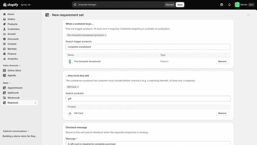 Reqmunk admin setting up required product set