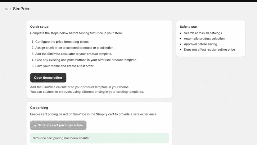 SimPrice setup and active cart pricing