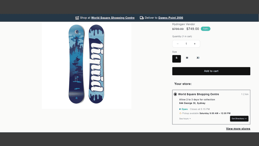 Product page with selected store, hours and pickup info