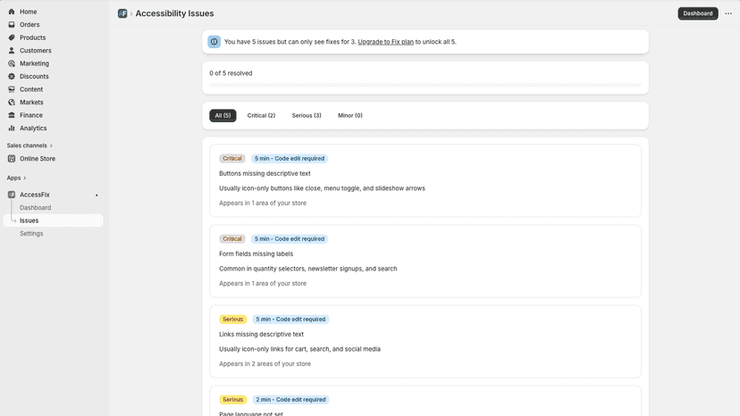 Issues page showing the found issues and where they appear