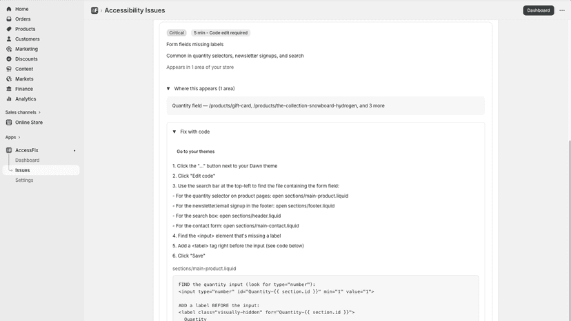 Issue page showing a fix for an issue and steps to fix it
