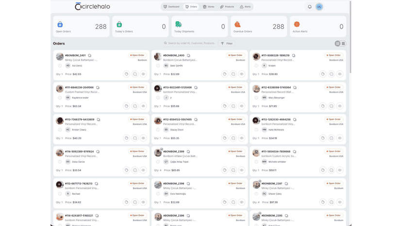 Multi-platform order management dashboard showing orders