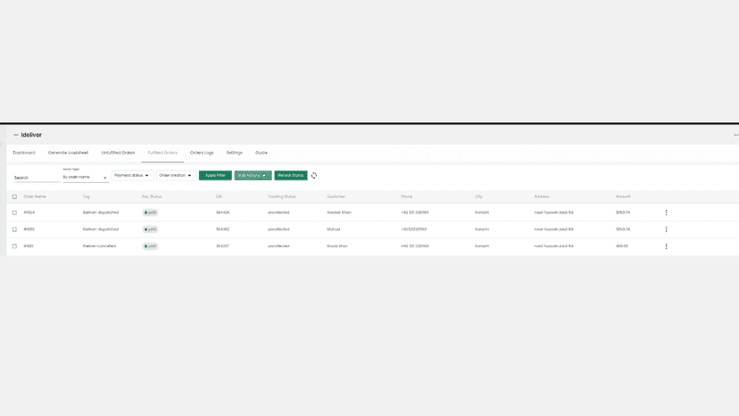 Fulfilled orders with iDeliver status tags and tracking