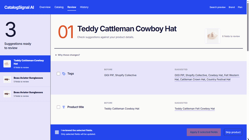Compare AI suggestions and choose fields to update