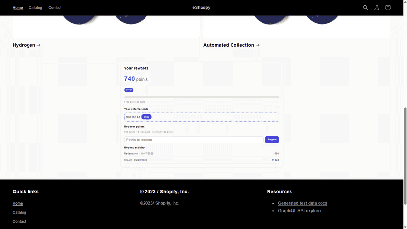 Storefront widget with balance, tier and instant redeem