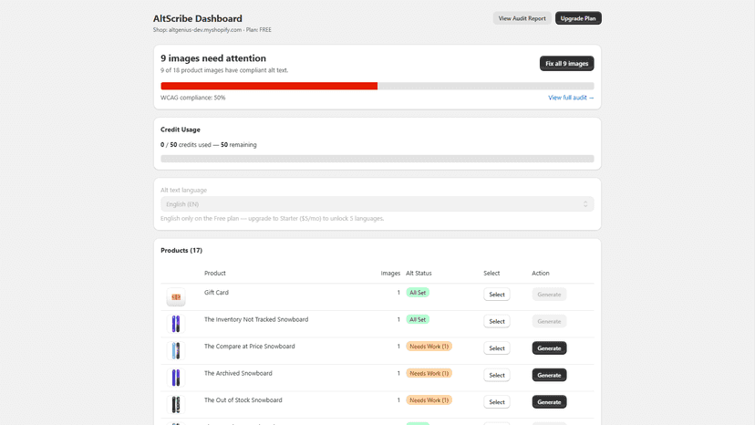 AltScribe audit: WCAG pass/fail per product image