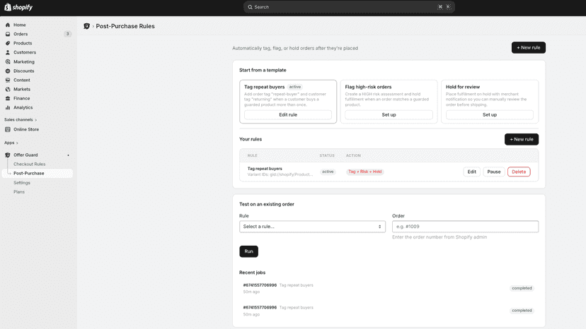 Offer Guard App Post-Purchase Rules
