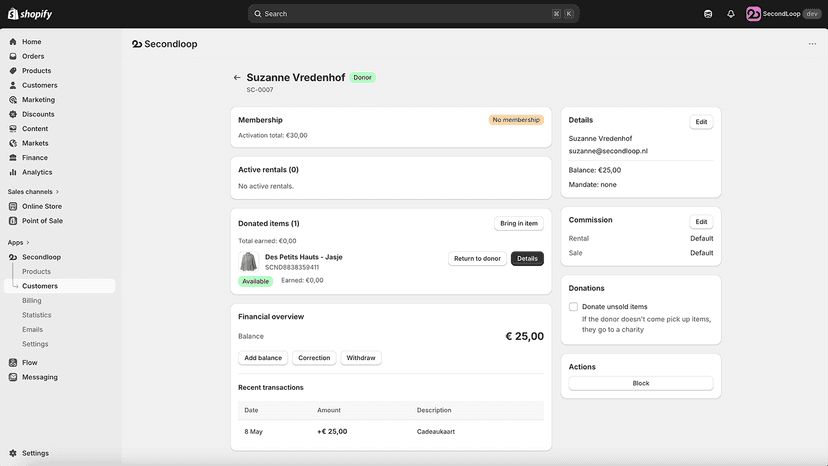 Customer profile with consigned items, rentals and earnings