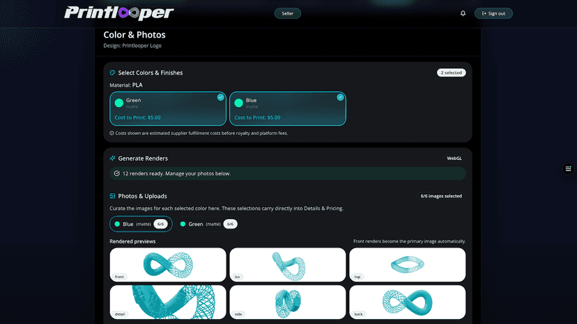 Choose materials and colors, and preview product variants