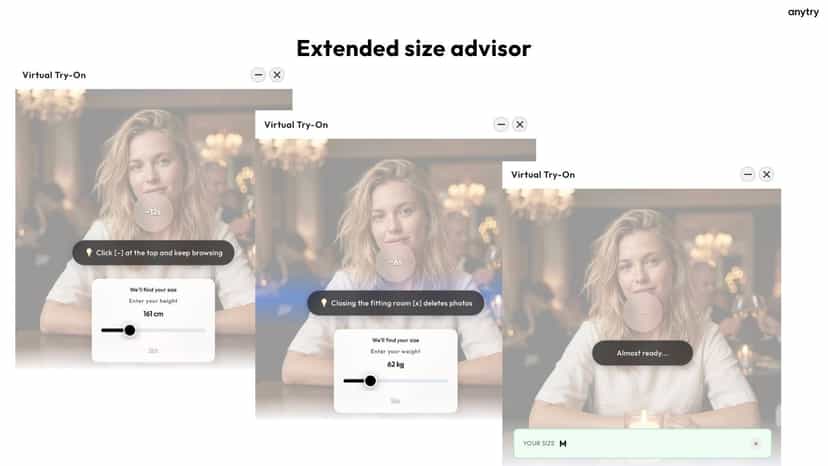 Size Advisor three-step flow: enter height, weight