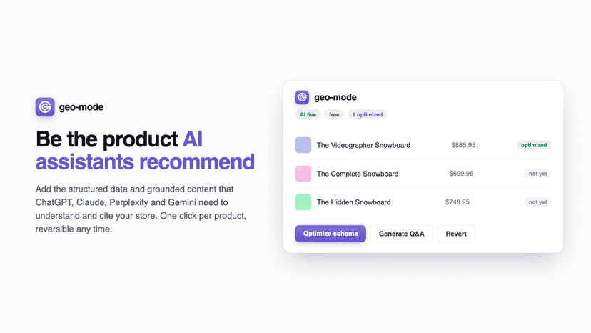 geo-mode app optimizing store products for AI assistants