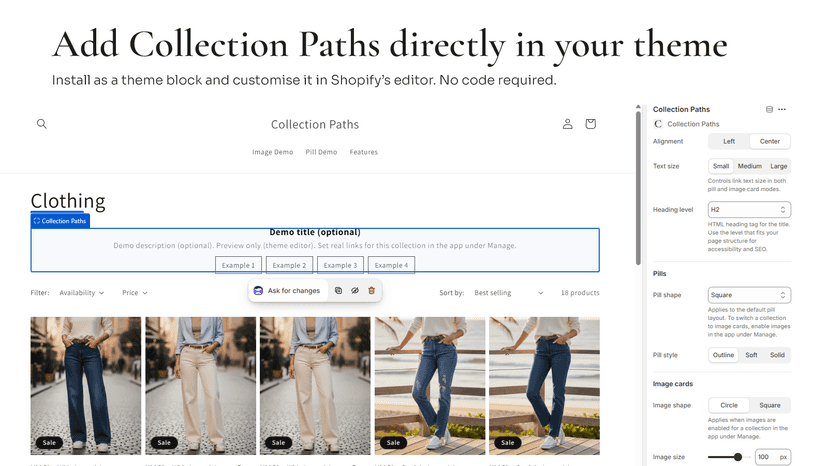 Fellhelm Collection Paths Shopify app added as a theme block