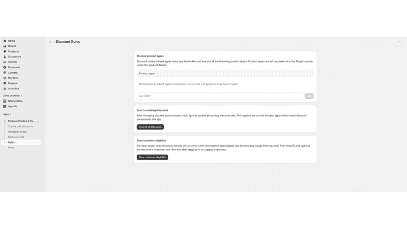 Discount Rules page with blocked product types and sync buttons