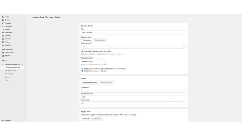 Create Bulk Discount Codes form with codes and eligible items