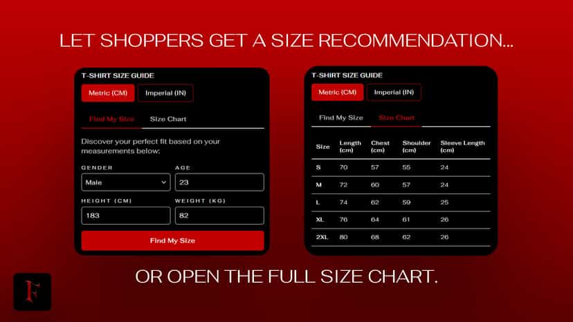 Shoppers get a size recommendation or open the full size chart.