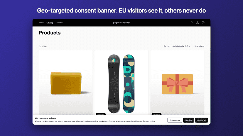 Cookie consent banner shown on a Shopify storefront