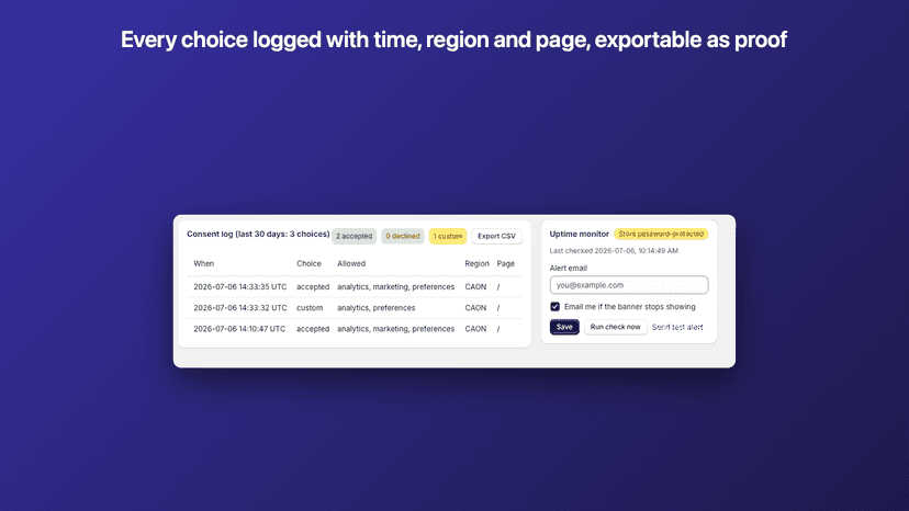 Consent log dashboard with exportable history