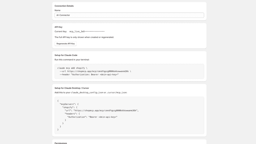 ShopMCP connection setup with Claude Code snippet