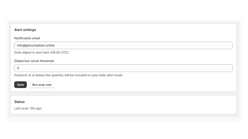 Low-stock Alert settings with notification email and threshold