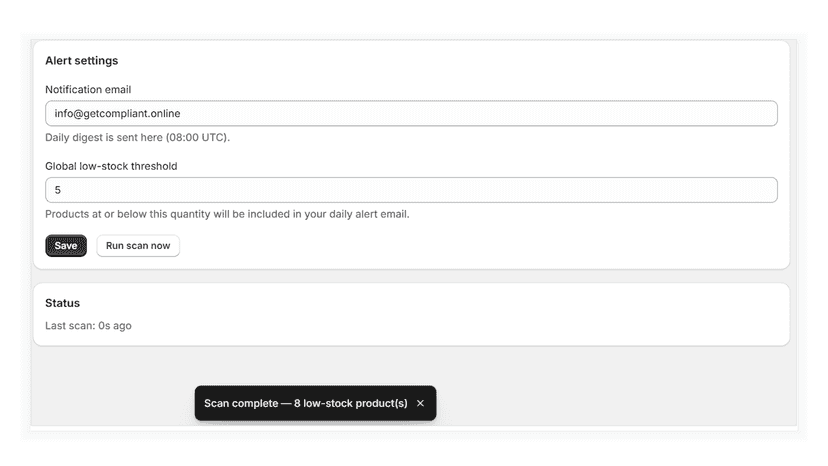 Scan complete notification showing 8 low-stock products detected