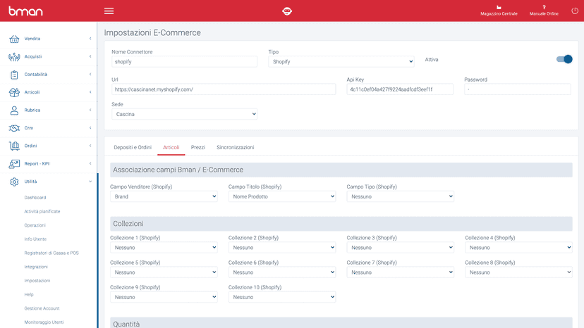 Configurazione connettore Shopify