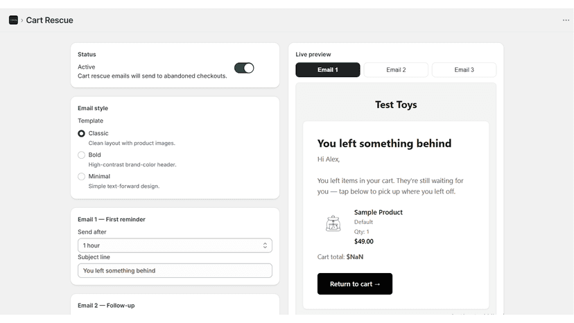Recovery cart email customizations