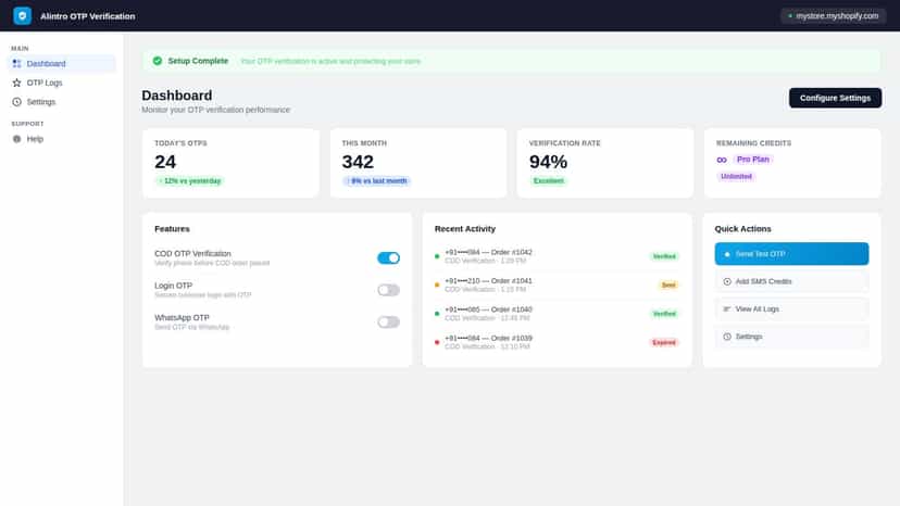 OTP dashboard with stats, toggles and activity log