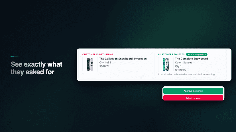Merchant view comparing returned item and replacement