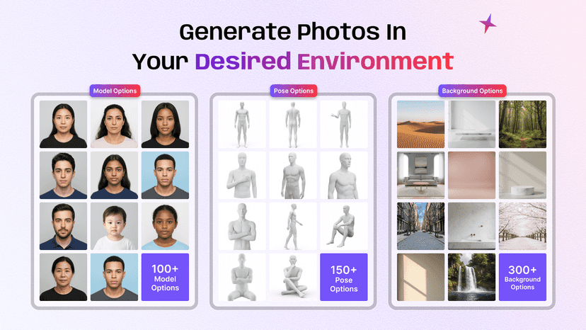 Select models, poses, and backgrounds to create product photos