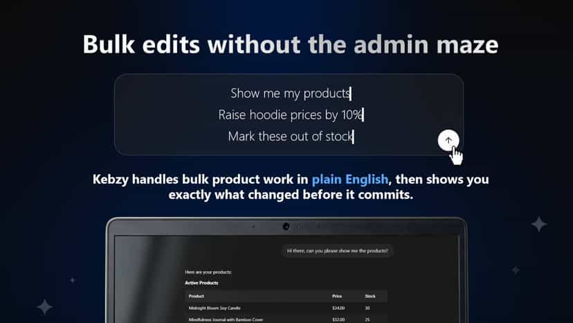 Bulk product edits using plain English commands in Kebzy