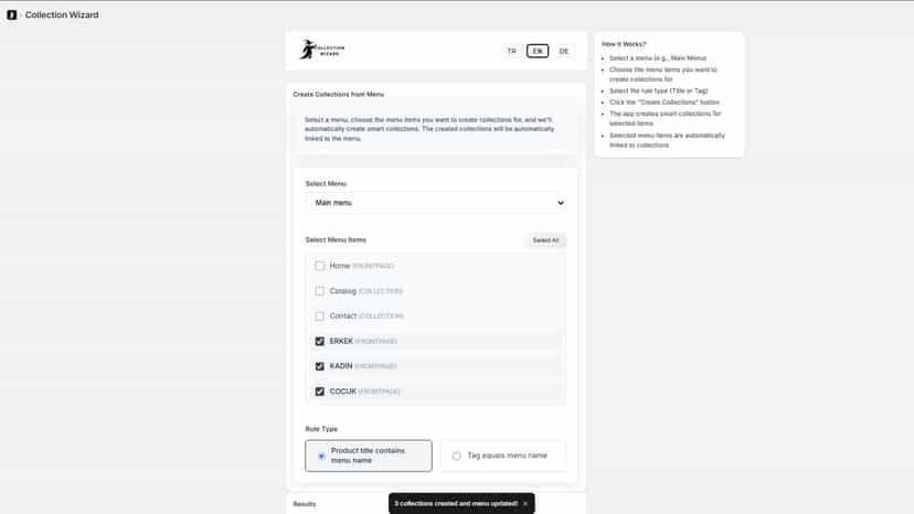 Automatically create collections from menu titles.