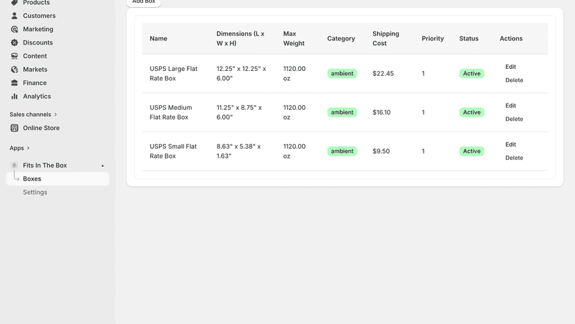 Box configurations with USPS flat rate sizes and shipping costs