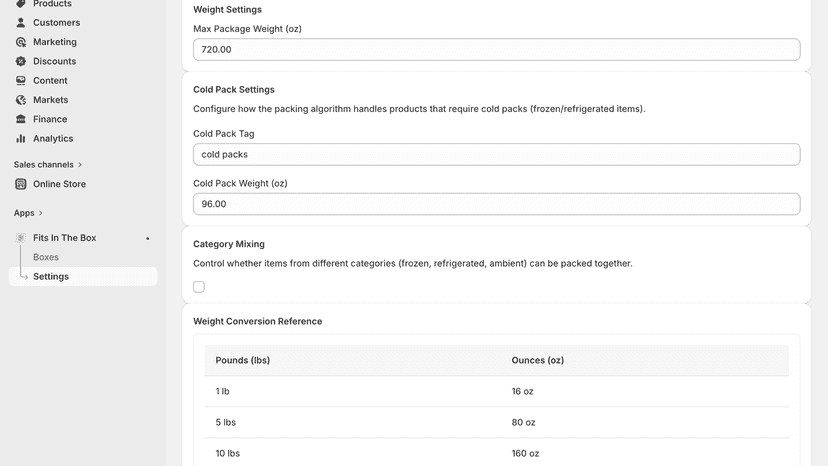 App settings for weight limits, cold packs, and category mixing