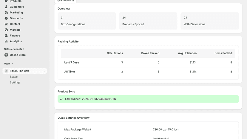 Dashboard overview with packing activity and product sync stats