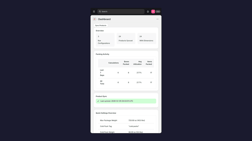 Mobile dashboard with packing activity stats and product sync