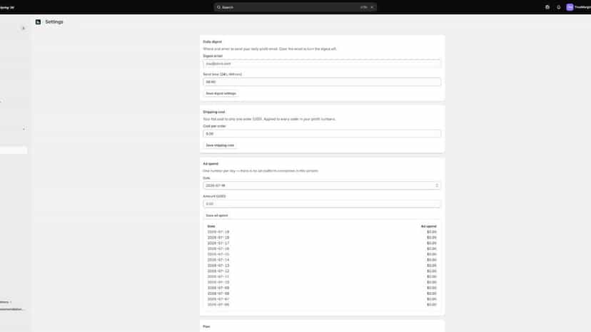Settings for costs, shipping, and daily profit email