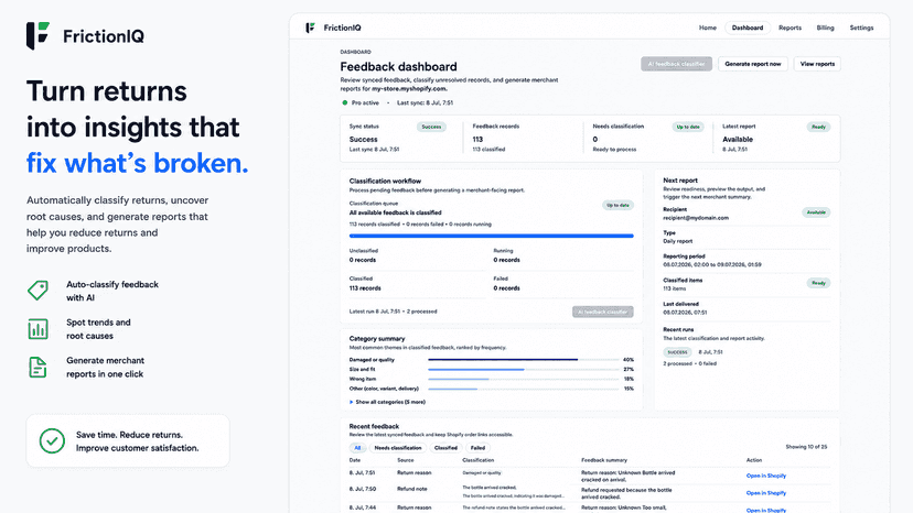 Dashboard showing return issue trends and report insights