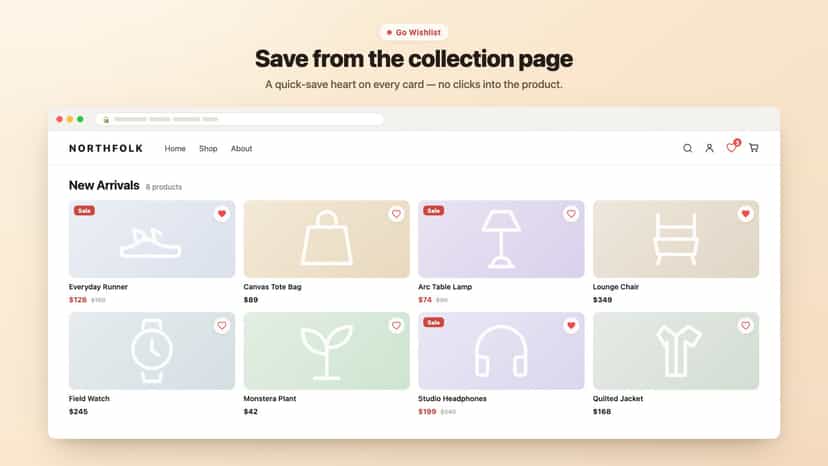Quick-save hearts on a collection page grid