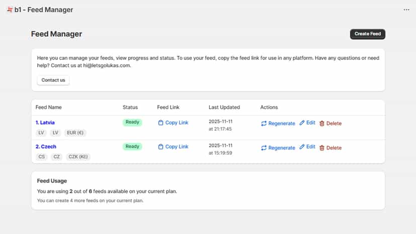 Main menu to add new feeds and start feed updates