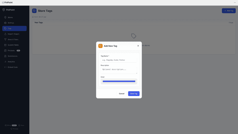 Add New Tag modal with name, description, and color picker