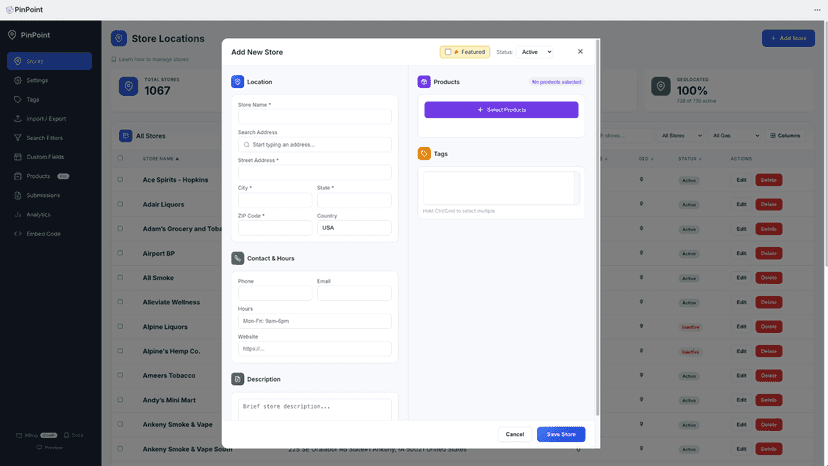 Add New Store with location, products, tags, and details f