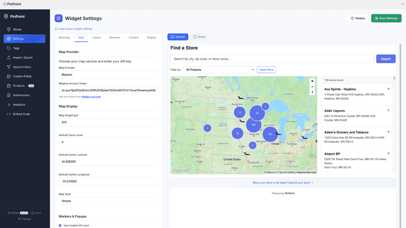 PinPoint widget map settings with Mapbox preview and store list
