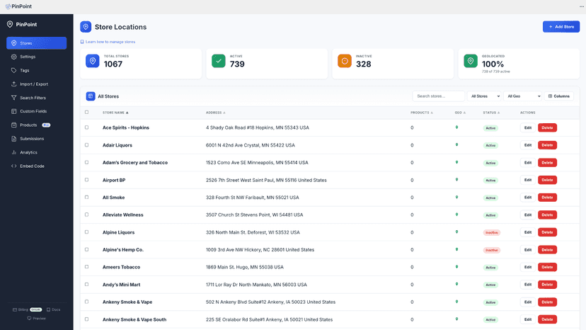 PinPoint Store Locations dashboard with store list and location