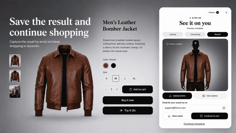 Try-on result with email capture and cart action