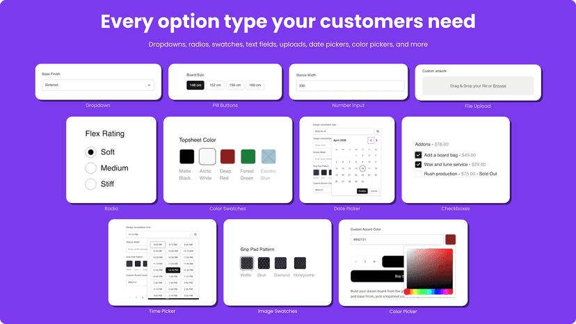 Grid showing 11 option types available in Optionfier