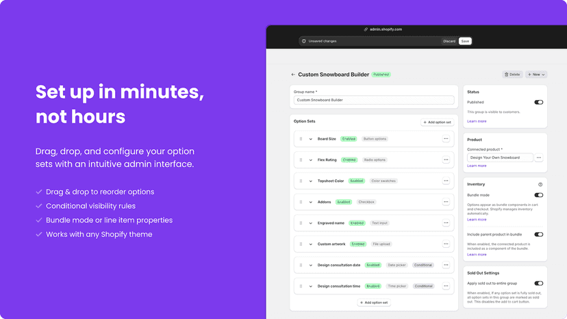 Optionfier admin with option sets and bundle settings