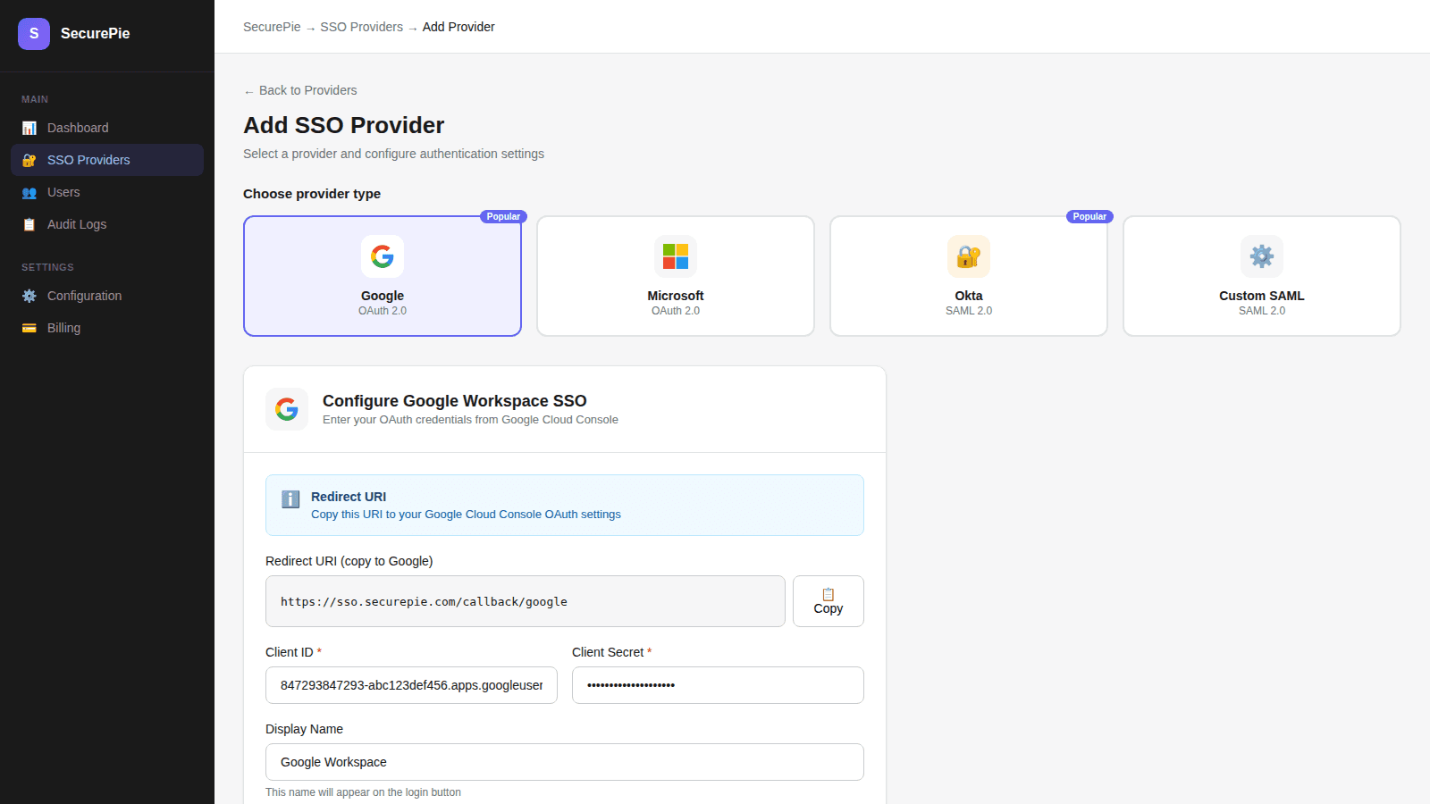Easy setup wizard for adding Google SSO with one-click templates
