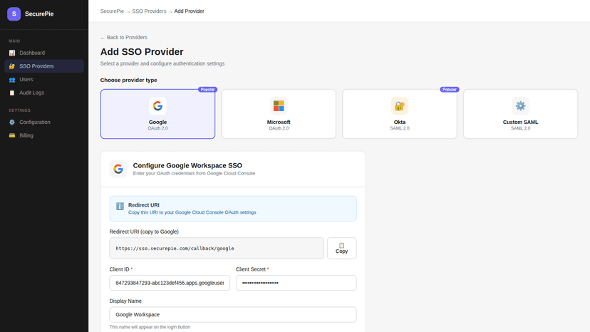 Easy setup wizard for adding Google SSO with one-click templates